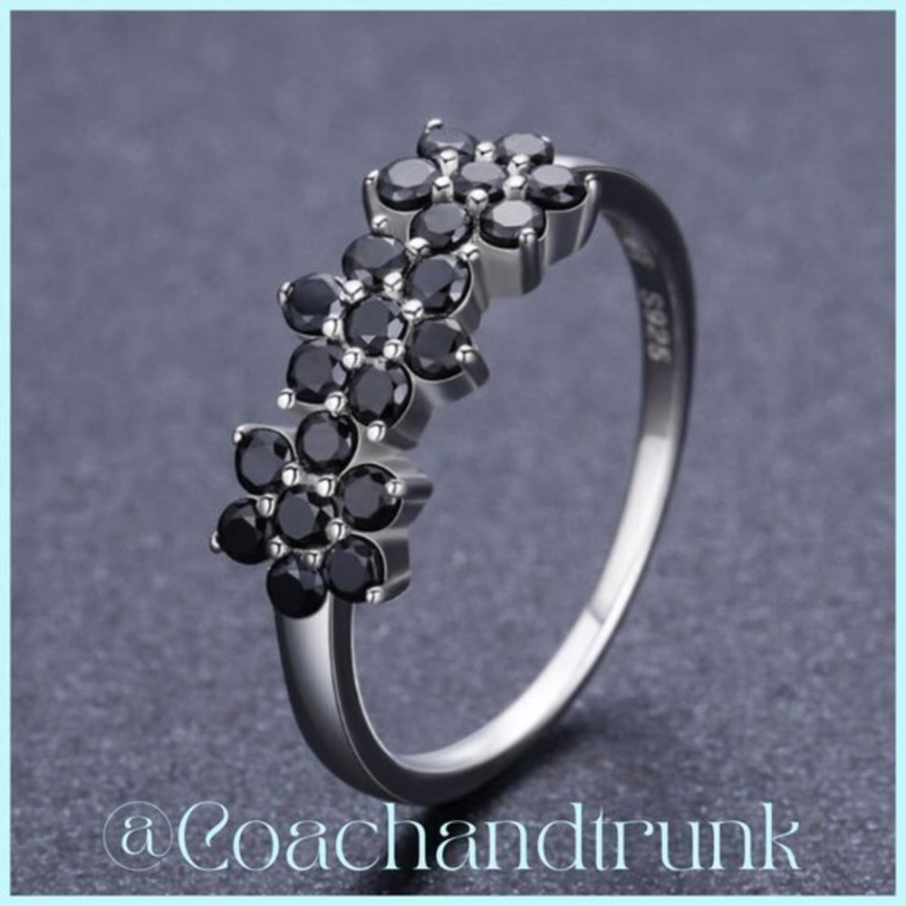 925 Sterling Silver Black Spinel Prong Set 3 Flower Band Ring Size 6 NWT - Picture 5 of 5